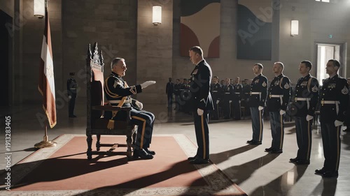 Ceremonial Military Event - Dignitary Seated, Soldiers Standing in Formation.