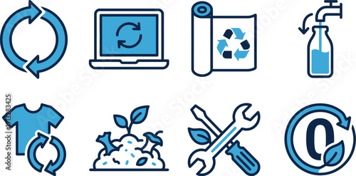 Circular economy and zero waste icon set blue dual tone flat vector symbols for recycling refurbishing sustainable lifestyle repair resource management