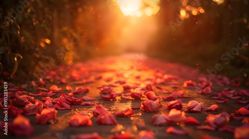 Wallpaper Mural Romantic Rose Petals Scattered on Forest Path at Golden Sunset Torontodigital.ca