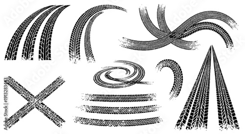 Tire tread marks after skidding, launch, drift, powerslide in motorsport, rally, off-road, motocross. Wheel texture with splash effect. Vector, transparent background SVG version.