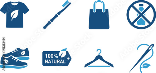 Eco friendly fashion and organic goods icon set blue dual tone vector elements for sustainable clothing bamboo no plastic natural product