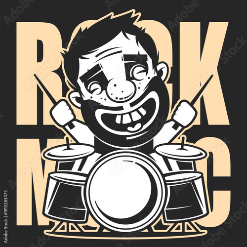 Complete professional drum kit vector logo with bass drum, toms and cymbals in percussive arrangement