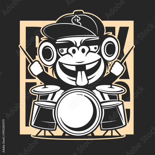 Complete professional drum kit vector logo with bass drum, toms and cymbals in percussive arrangement