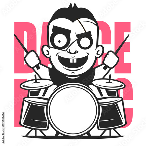 Complete professional drum kit vector logo with bass drum, toms and cymbals in percussive arrangement