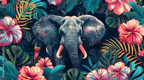 Wallpaper Mural Majestic elephant in tropical jungle with vibrant hibiscus flowers and lush botanical foliage illustration Torontodigital.ca