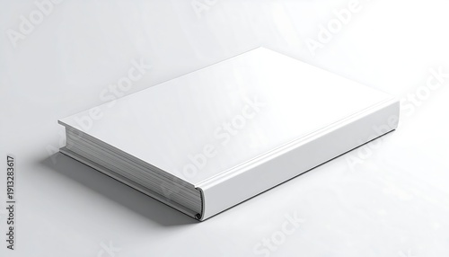 A pristine white hardcover book rests diagonally on a luminous surface, casting subtle shadows that accentuate its clean, minimalist design