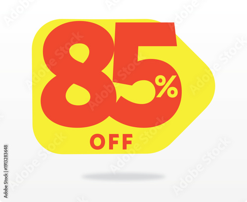 85%  discount, tag, sign, offer. promo, good, cheap, company, sticker, retail, wholesale, icon, vector, banner, price, value. Store, sale, off, buy