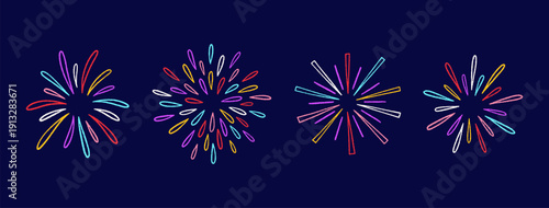 Crayon colorful fireworks set. Hand drawn line art sketches of sparkles, firecracker, confetti. Chalk drawing. Cute childish party mood doodles. Birthday, carnival, holiday designs. Vector, dark bg