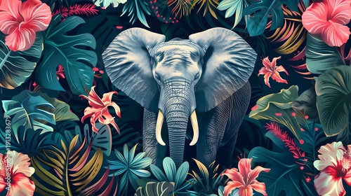 Wallpaper Mural Majestic elephant in tropical jungle with vibrant hibiscus flowers and lush botanical foliage illustration Torontodigital.ca