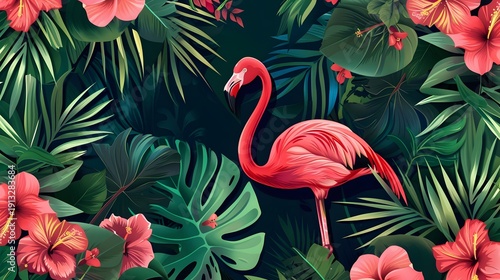 Wallpaper Mural Tropical flamingo illustration in lush jungle with hibiscus flowers and exotic foliage background Torontodigital.ca