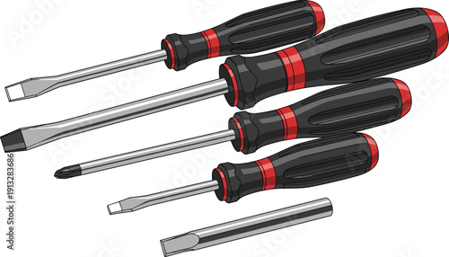 Isometric screwdriver set with flathead and Phillips tips, ergonomic handles, metal shafts, professional hand tools for repair, maintenance, construction and workshop use