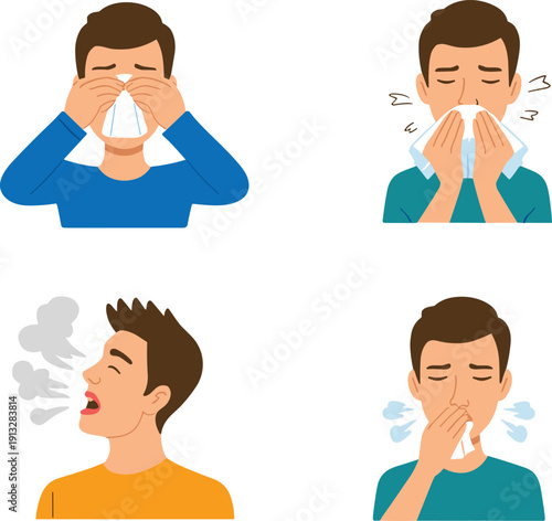 Man sneezing coughing symptoms vector illustration set showing flu cold allergy illness expressions healthcare medical concept isolated white background design elements collection