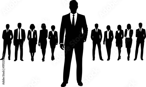 Black and white vector silhouettes of a diverse professional business team with men and women in suits standing in a group on white background.