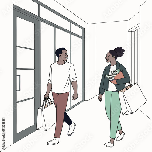 Couple walking through a bright, modern apartment hallway, carrying shopping bags, everyday life, home comfort, relaxed weekend activity.