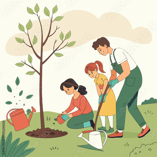 Family planting a tree together in their backyard, symbolizing growth and an eco-friendly future.
