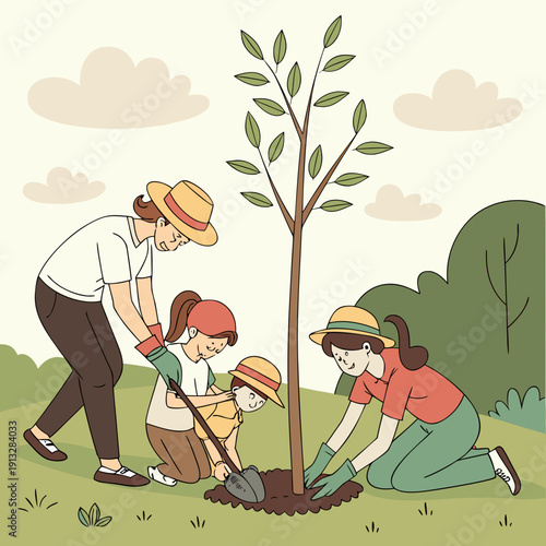 Family participates in an eco-friendly activity, planting a young tree together in their green backyard.