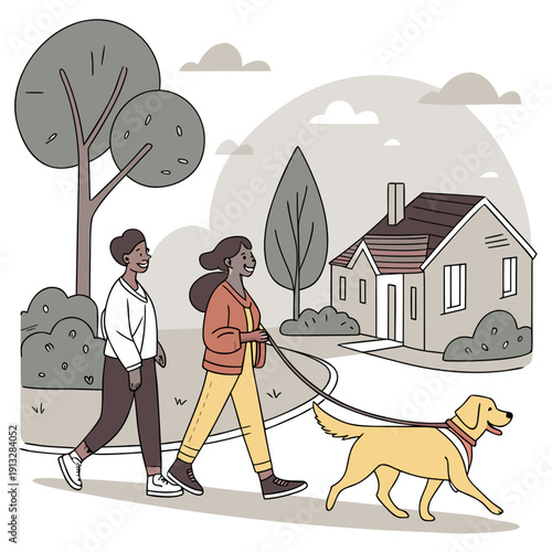 Family happily walking their dog in a friendly neighborhood street, enjoying a leisurely outdoor stroll.