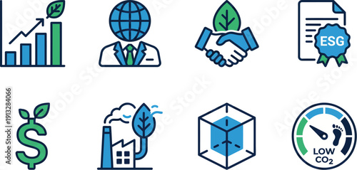Corporate sustainability and ESG business icon set blue modern symbols for fair trade green growth environmental reporting finance investment