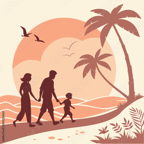 Family walks hand-in-hand on a beach at sunset, bathed in warm tones, celebrating togetherness and peace.