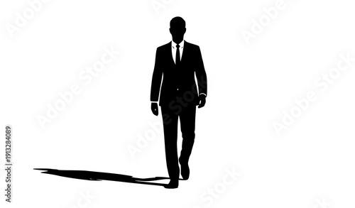 Business Silhouette: A silhouette of a businessman confidently strides forward, clad in a tailored suit, projecting authority and determination.