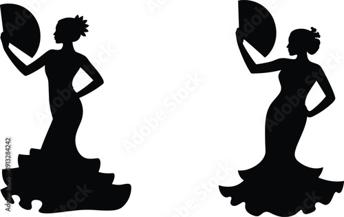 Flamenco dancer silhouette illustration, Spanish dance woman with fan, elegant cultural performance, traditional costume, black isolated figures, white background