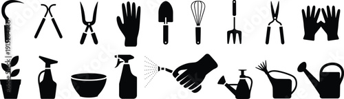 Gardening tool silhouette icons, farm equipment vector, black garden shapes, agriculture illustration, plant care motif, rural design stock art collection