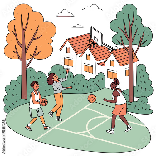 Energetic Friends Playing Basketball on a Sunny Neighborhood Court, Enjoying a Game Together