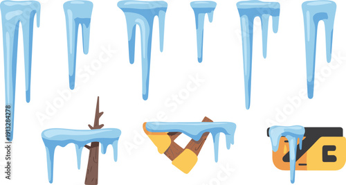 Melting ice icicles vector illustration set showing frozen drips snow caps winter elements for cold weather design isolated on white background