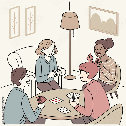 Diverse group of friends enjoying a fun and engaging indoor card game together, smiling and laughing in a relaxed setting.