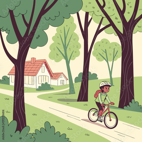 A young girl happily bikes down a lush, tree-lined street bathed in sunlight, capturing the essence of active living and natural beauty.