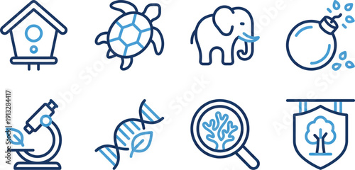 Biodiversity and nature conservation icon set blue minimalist vector symbols for wildlife protection reforestation biology science ecology