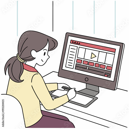 Young woman editing video footage on a desktop computer with a generic user interface, representing digital creation and content production.