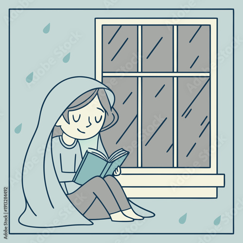 Young woman enjoying a cozy rainy day indoors by the window, wrapped in a blanket with a book.