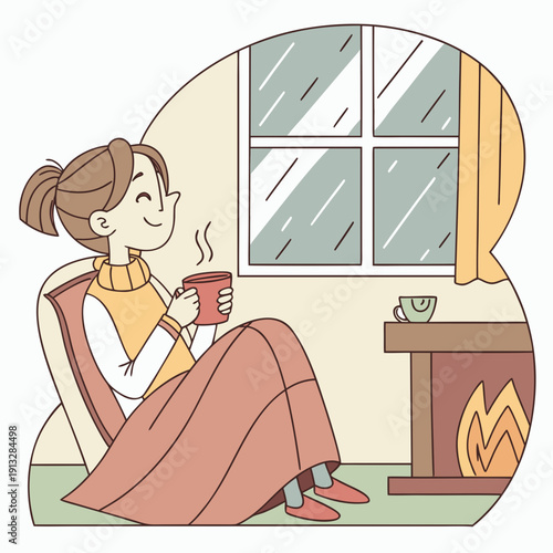 Cozy young woman in warm sweater enjoying a hot cup of coffee while watching rain through window, indoor relaxation, hygge lifestyle.
