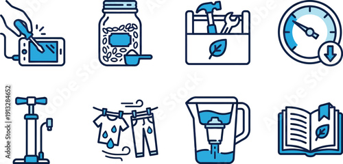 Sustainable living and DIY repair icon set blue dual tone vector elements for conscious consumption energy saving education household