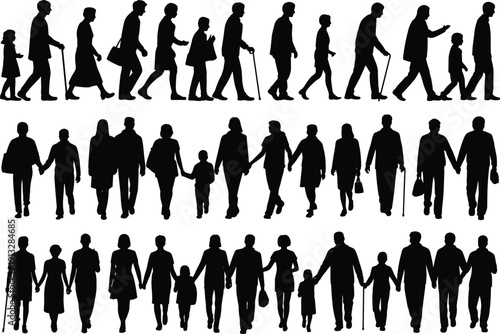 People walking silhouette set showing men women children and elderly holding hands in family groups life stages isolated on white background