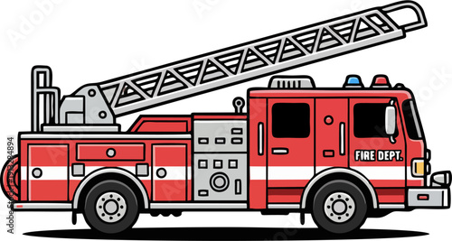 Line Art Red Fire Ladder Truck Outline Vector Illustration Fire Department Emergency Vehicle Icon