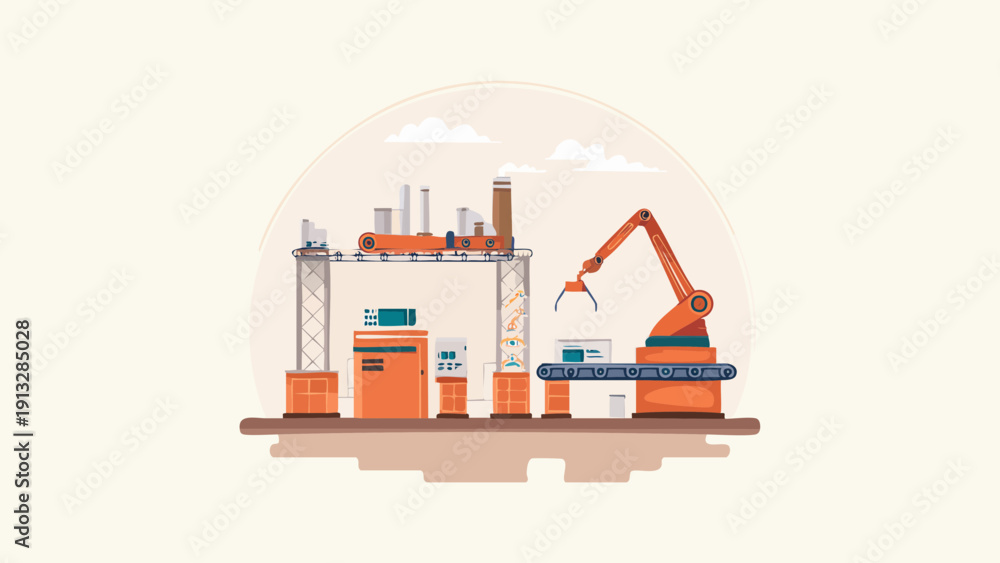 Fototapeta premium Modern Industrial Factory with Robotic Arm and Automated Production Line Illustration