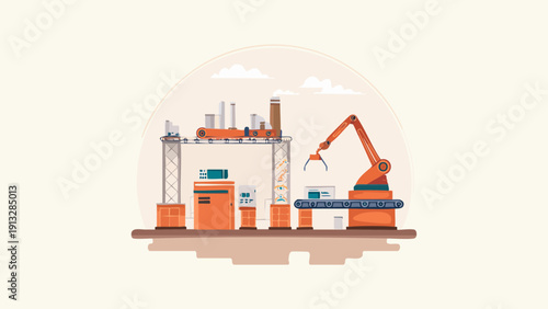 Modern industrial automation concept illustration depicting a smart factory production line with a robotic arm, showcasing advanced technology for efficient manufacturing processes