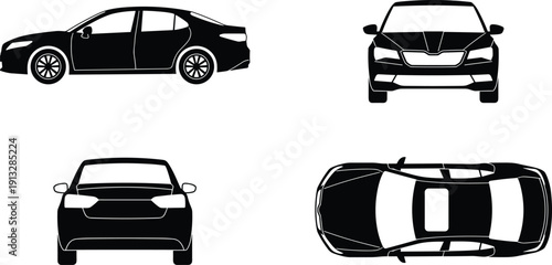 Modern sedan car silhouette set with front, rear, side and top views isolated on white background for automotive branding and transport design