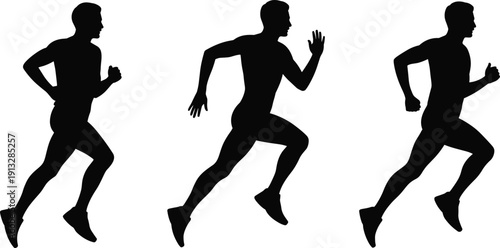 Running man silhouettes vector illustration set showing athlete sprint jogging fitness training motion poses isolated on white background design elements