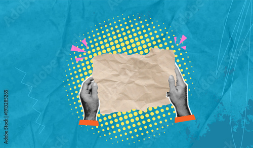 A creative halftone collage featuring male hands holding a torn sheet of blank brown cardboard. Perfect for websites, blogs, presentations, marketing campaigns, social media, and print design.