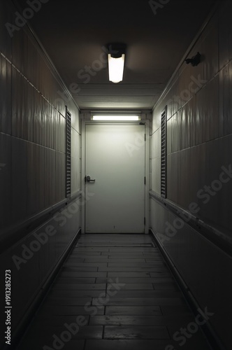 Long Hallway With a Door and Light at the End Creates a Dark Atmosphere in a ...