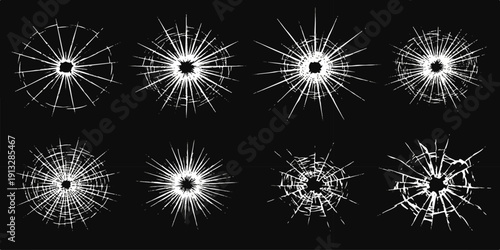 Set of eight white shattered glass crack effects, bullet holes, and abstract radial patterns on a black background, vector illustration