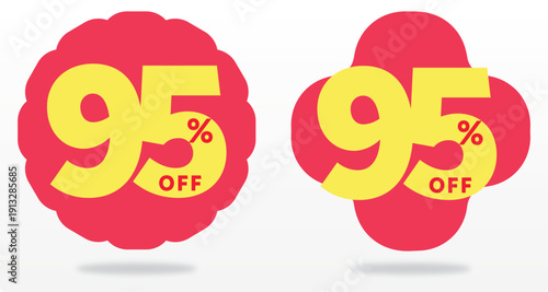 95%, percent, off, sale, promo, sticker, positive, banner, retail, wholesale, offer, discount, tag, company, template, store, cheap, buy, price, value. Sign, icon, vector