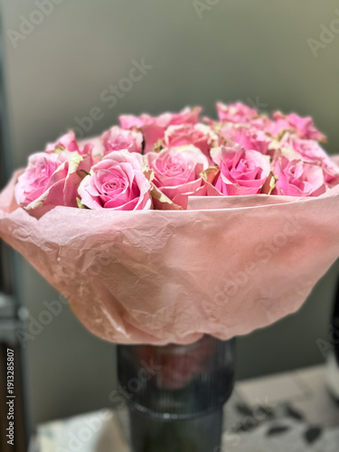 Romantic pink roses bouquet in vase, symbol of love and appreciation, perfect gift for Valentine's Day or Mother's Day celebration