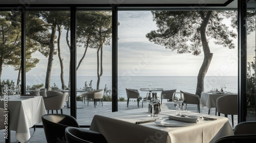 Modern seaside restaurant with patio view