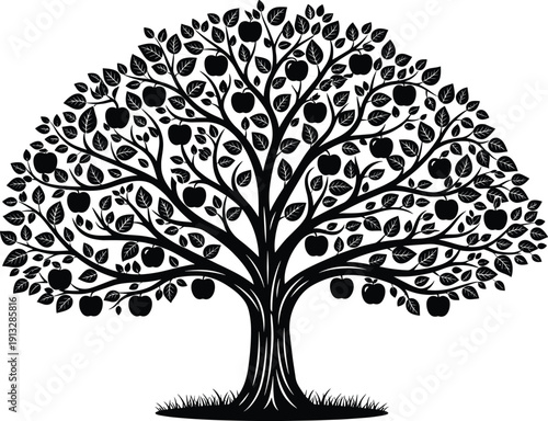 Black and white vector silhouette illustration of a large apple tree with fruit and dense leaves isolated on white background.