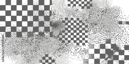 Monochromatic abstract pattern with distressed checkerboard elements and chaotic grunge textures, modern graphic design