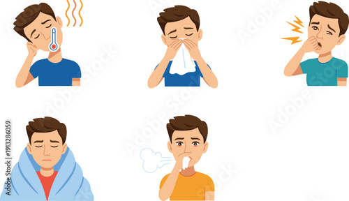 Sick man symptoms vector illustration set showing fever cough sneeze flu cold illness expressions healthcare medical concept isolated on white background